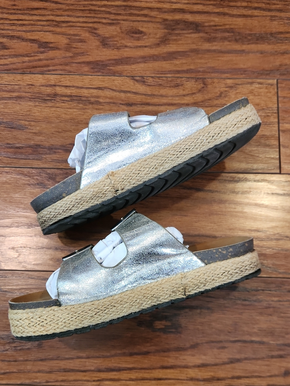 P & L Silver Metallic Double Buckle Platform Slip On Sandals - Picture 5 of 7